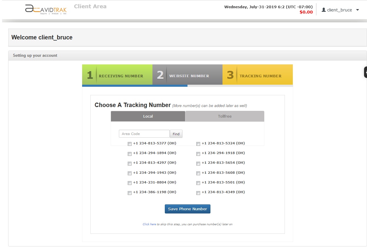 Screenshot of an AvidTrak Agency ProLite Account Phone Number selection and acquisition