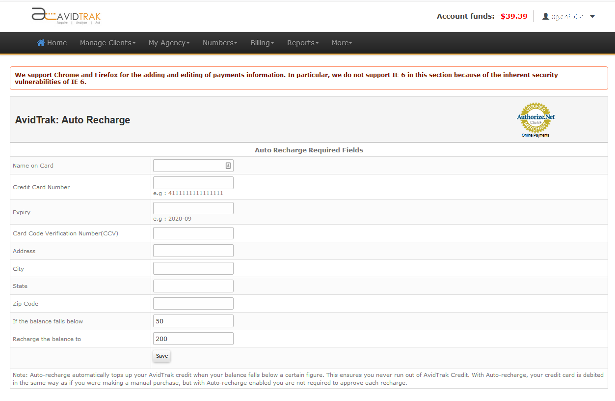 Screenshot of AvidTrak Auto Recharge Screen