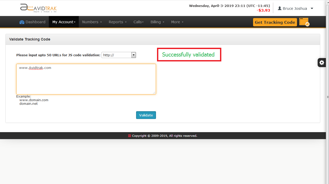 Screenshot of AvidTrak JavaScript Installation Validation Screen