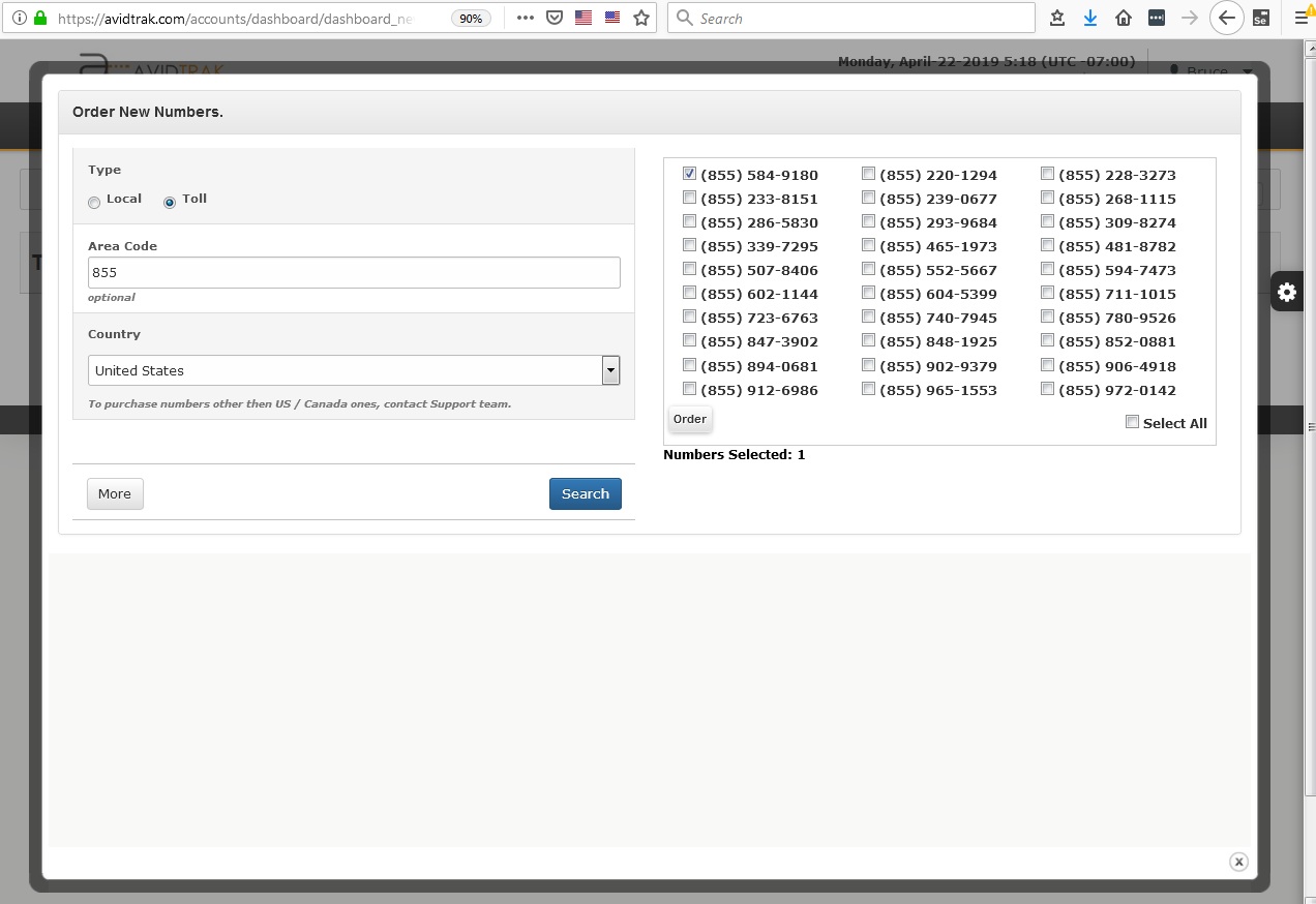 AvidTrak User Interface Local Numbers Purchase Screen