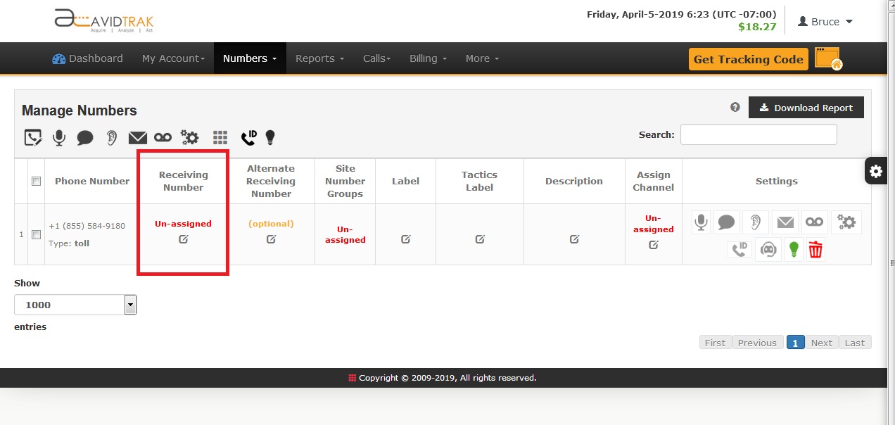 AvidTrak User Interface Local Numbers Post Purchase Screen and Number Assignment