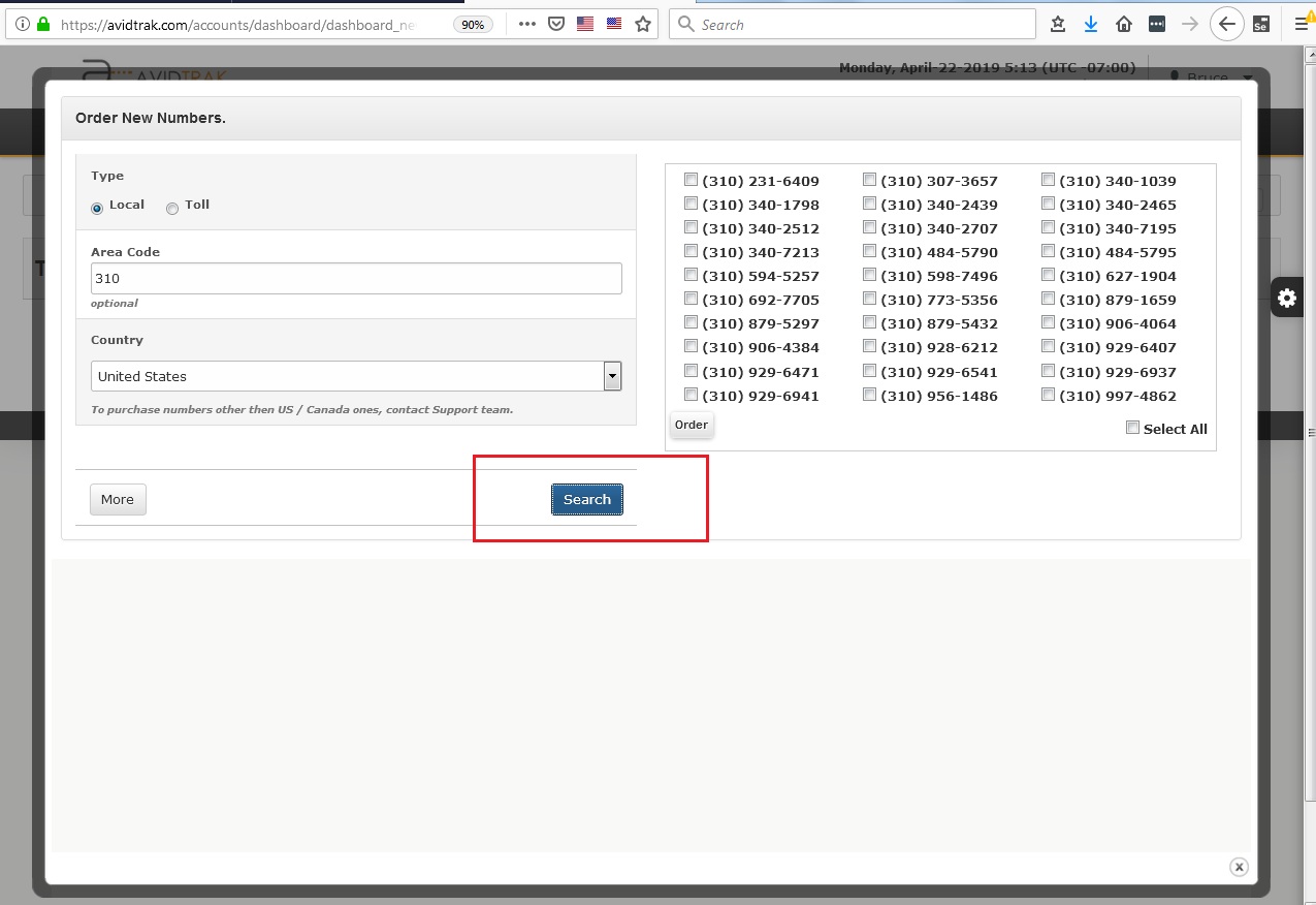 AvidTrak User Interface Ordering New Local Numbers