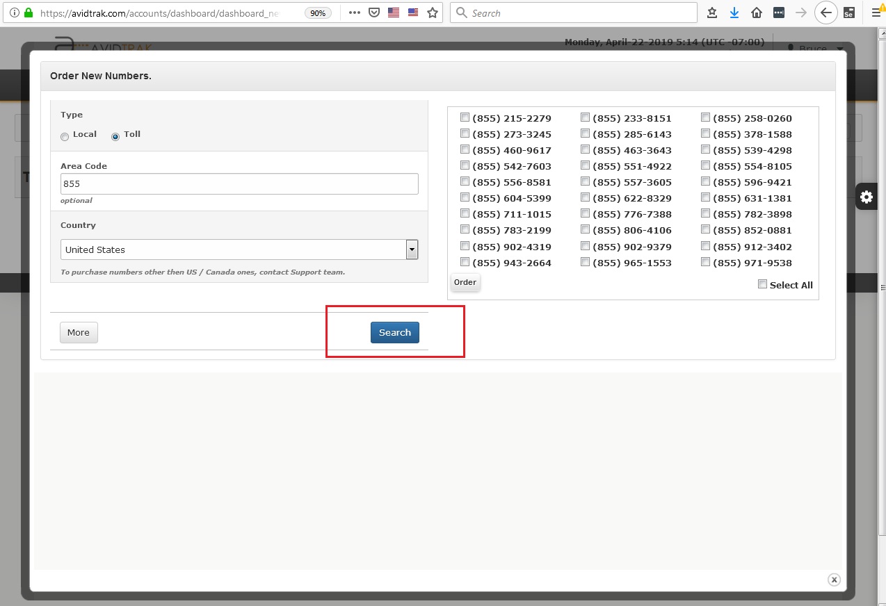 AvidTrak User Interface Ordering New Toll Free Numbers