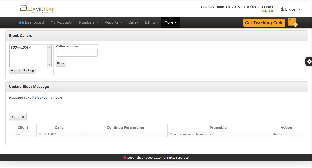Accessing Call Blocking Feature in AvidTrak Lite Account