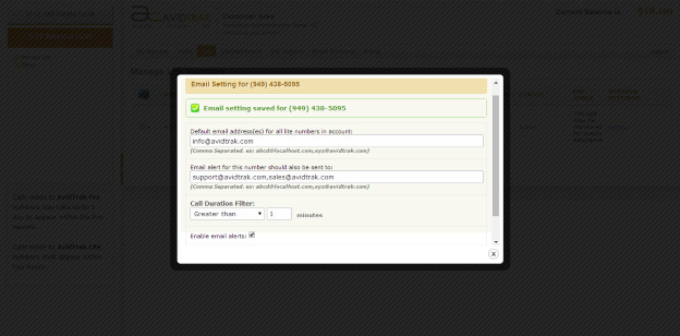 AvidTrak Static/Lite Number Emailing Call Recording Settings Saved