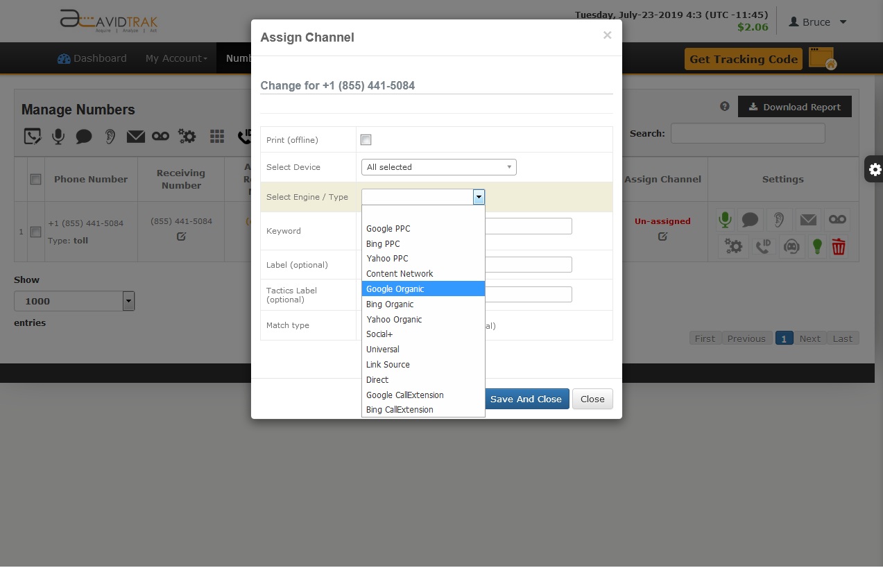 AvidTrak Phone Number Assignment Screen