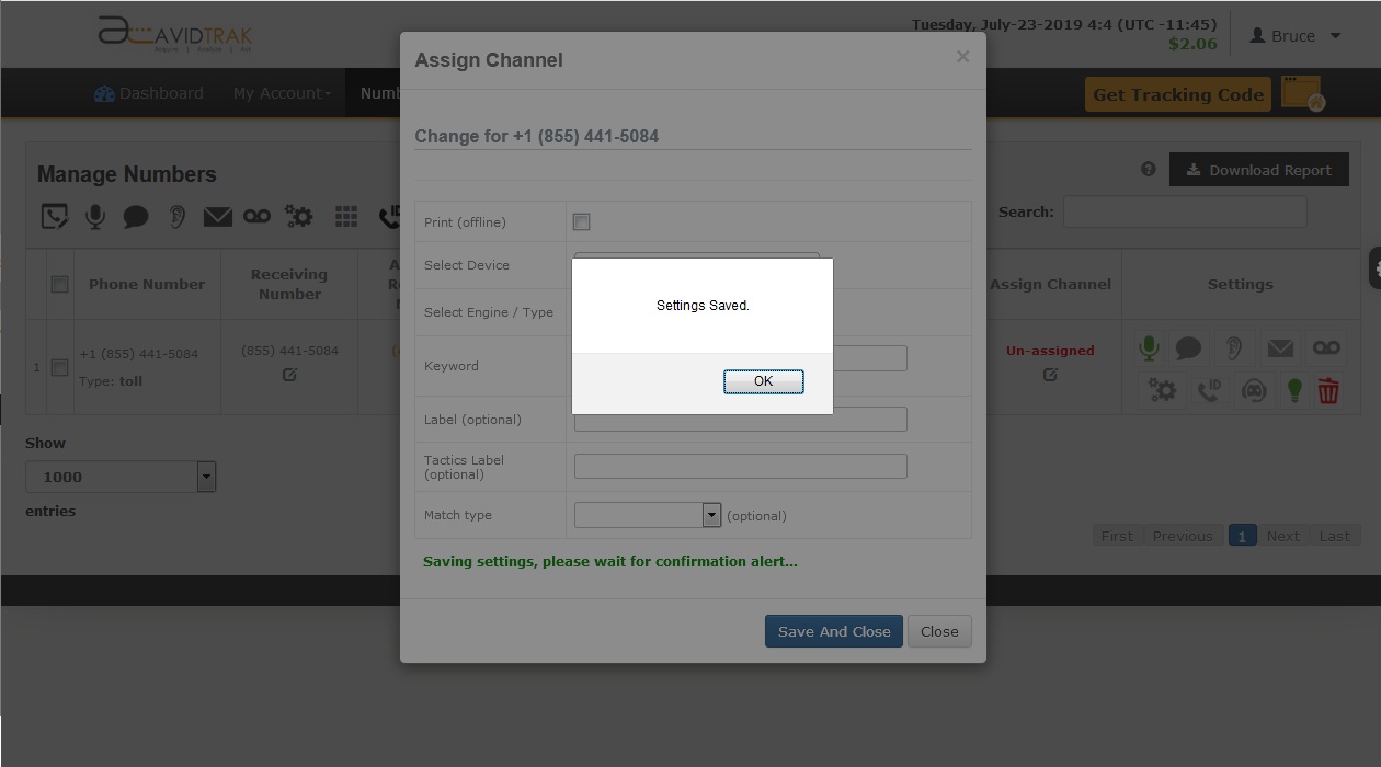 AvidTrak Phone Number Assignment Completion Confirmation