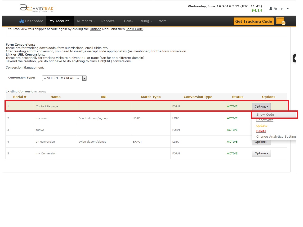 How to obtain conversion tracking code within AvidTrak Conversion Management System