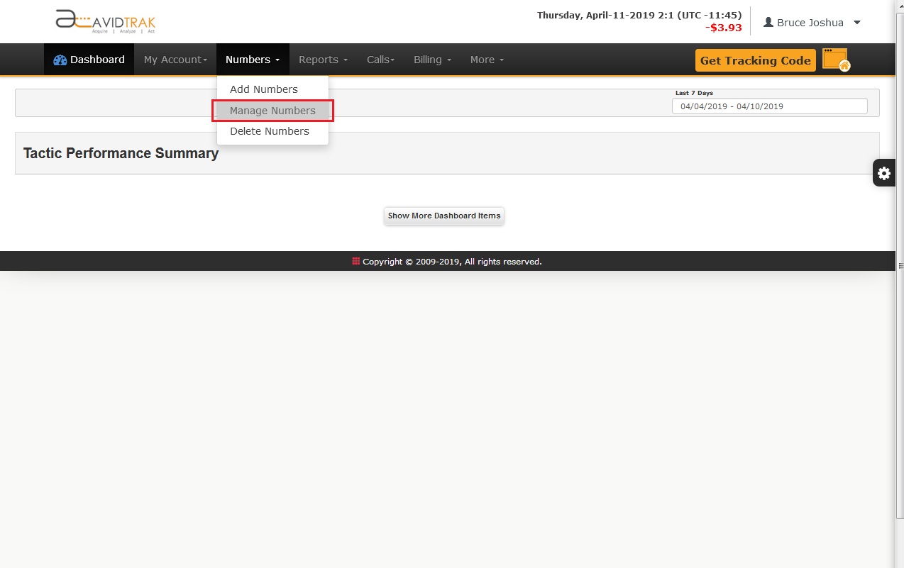 AvidTrak User Interface Lite/Static Number Country and local area code Selection