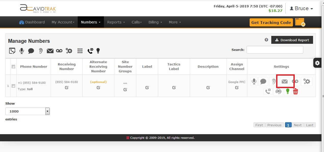 Screenshot of AvidTrak Pro Account Call Recording Email Settings