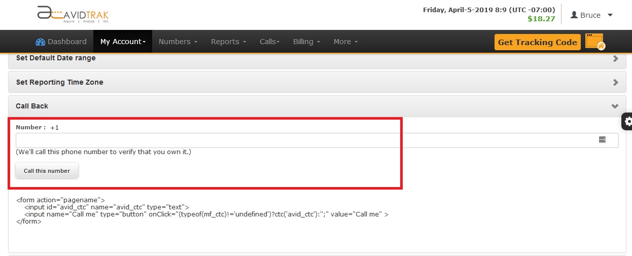 Screenshot of AvidTrak Pro Account Setup Click to Call Number within your AvidTrak Pro Call Tracking Account