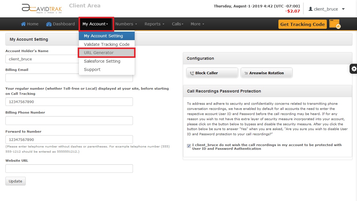 Screenshot of AvidTrak Client Account My Account Settings Accessing URL Generator