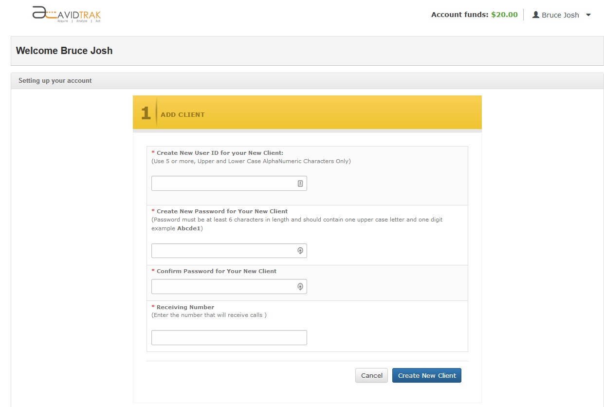 AvidTrak Agency Free Trial Client Account Setup Screen