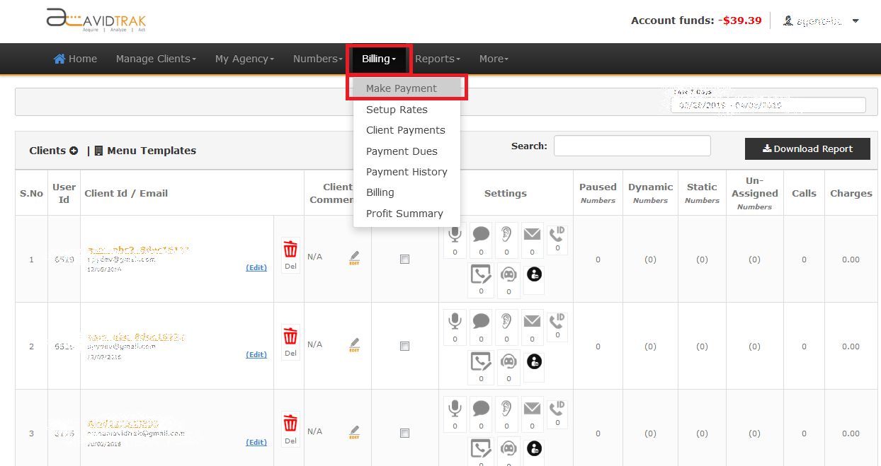 Screenshot of AvidTrak Agency Account Funding UI