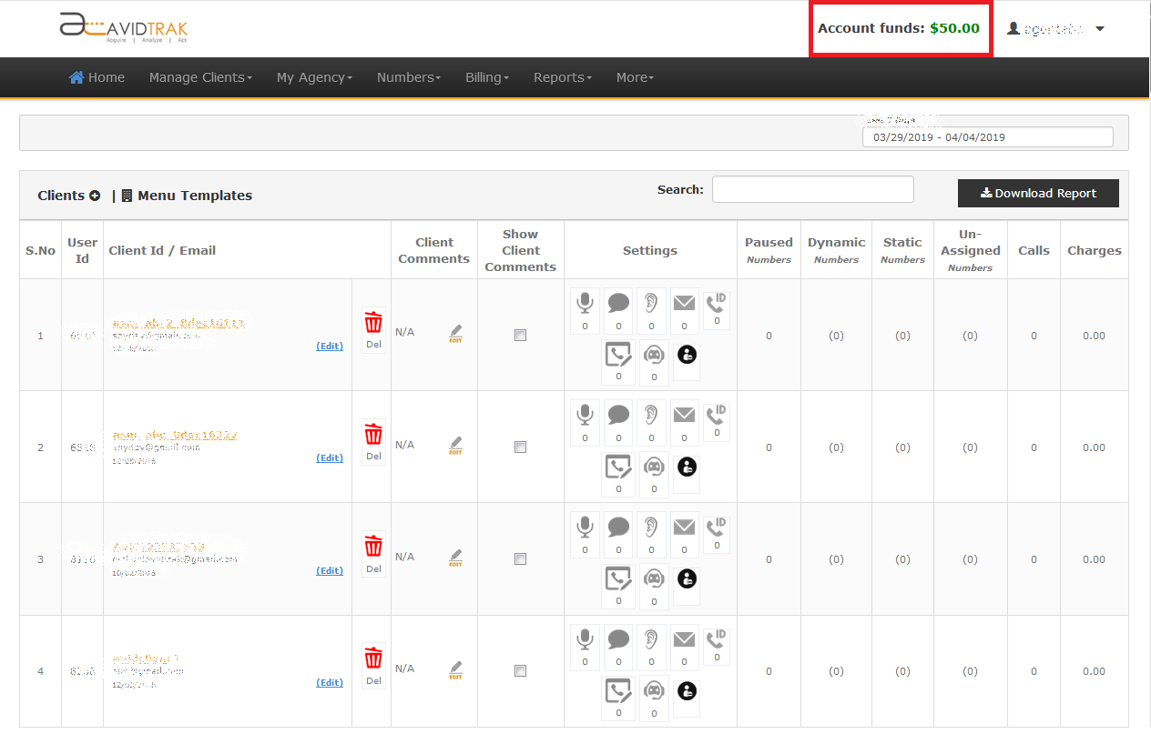 Screenshot of AvidTrak UI showing credit balance in client account