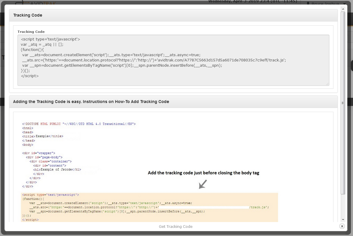 Screenshot of AvidTrak JavaScript Installation at the bottom of a page