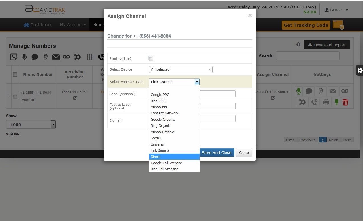 Assign Marketing channels to call tracking numbers 20