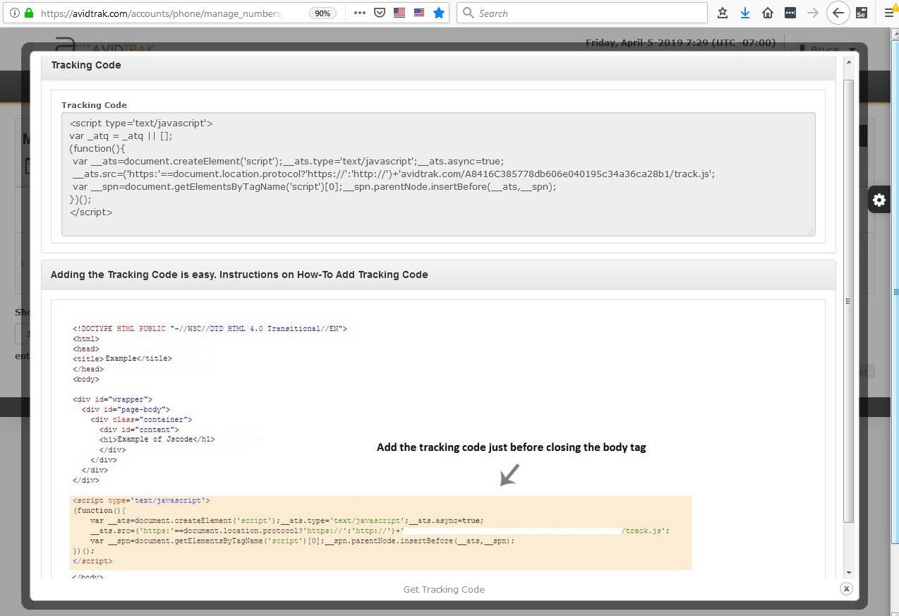 Screenshot of AvidTrak JavaScript installation instruction