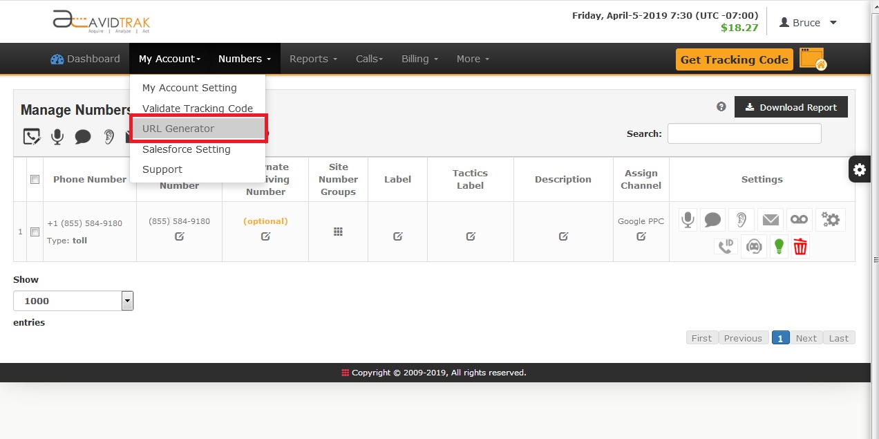 Screenshot of AvidTrak Client Account My Account Settings Accessing URL Generator