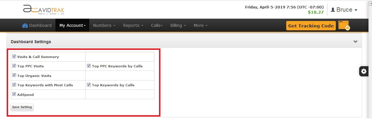 Screenshot of AvidTrak Pro Account Change Dashboard Settings