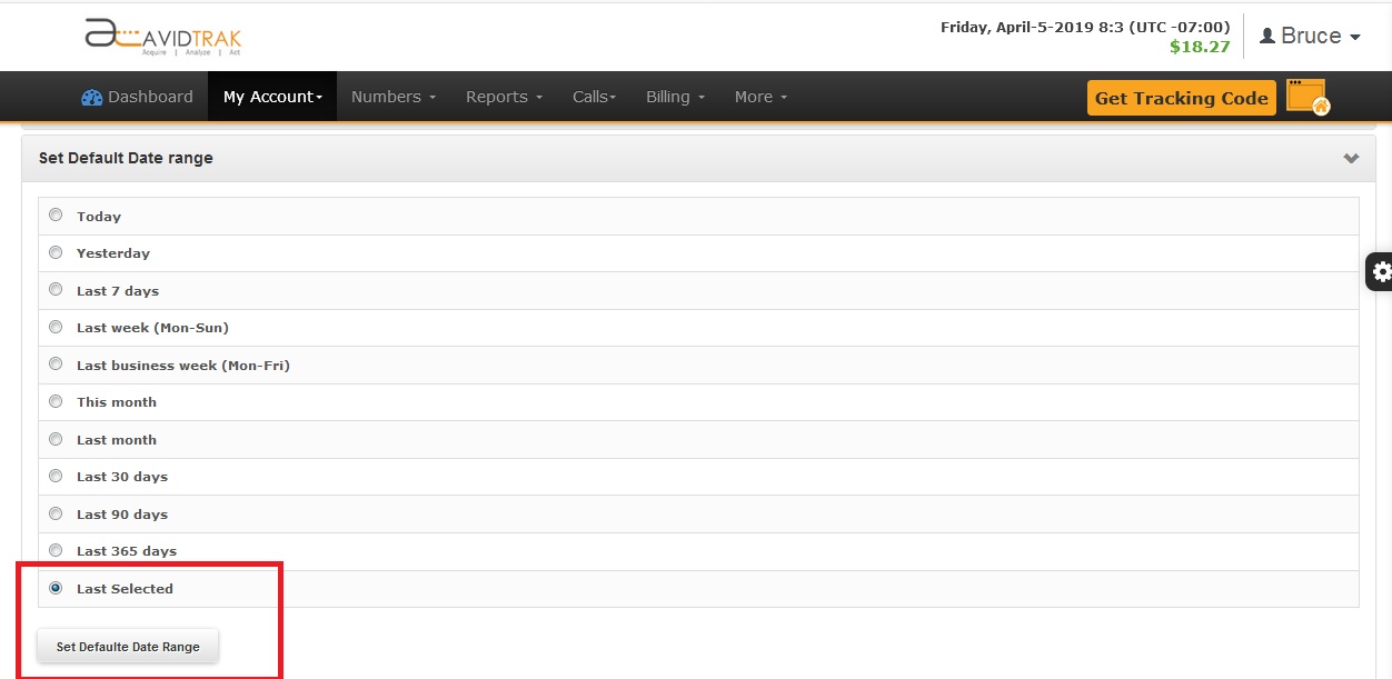 Screenshot of AvidTrak Pro Account Set Default Date Range Settings
