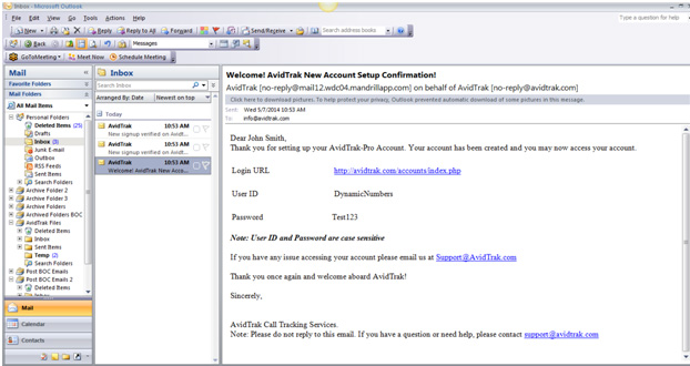 AvidTrak Email Advice confirming newly setup User ID and Password